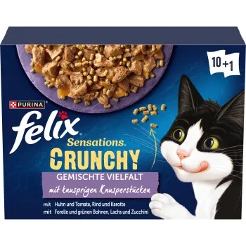 Felix Sensations Crunchy 10 x 85 g + 40 g de bouchées croustillantes Variété de saveurs aux légumes