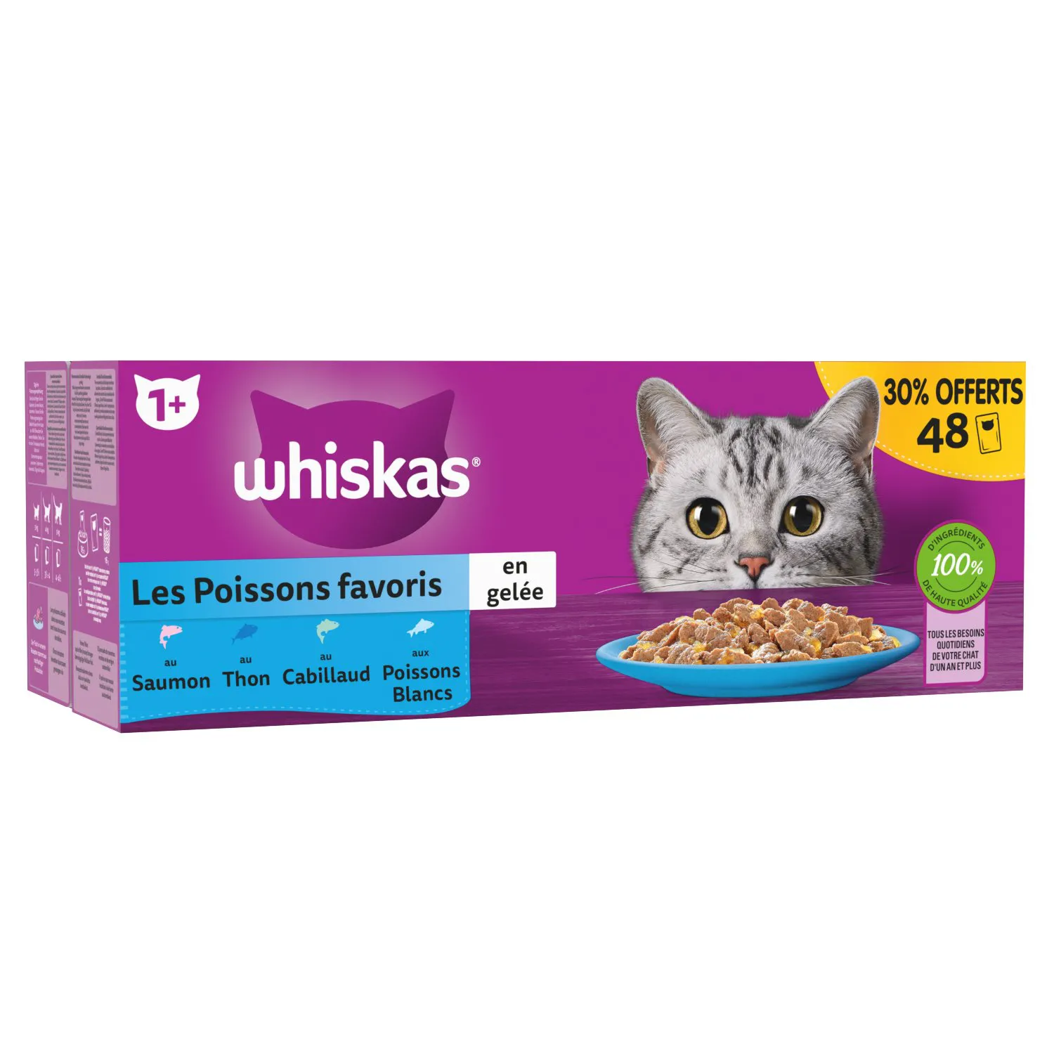 Whiskas - Sachets Fraîcheur Les Poissons favoris en Gelée pour Chats - 48x85g 30% offerts