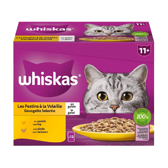 Whiskas Les Festins à La Volaille en Gelée 11+ Sachets Pour Chats 12x85g