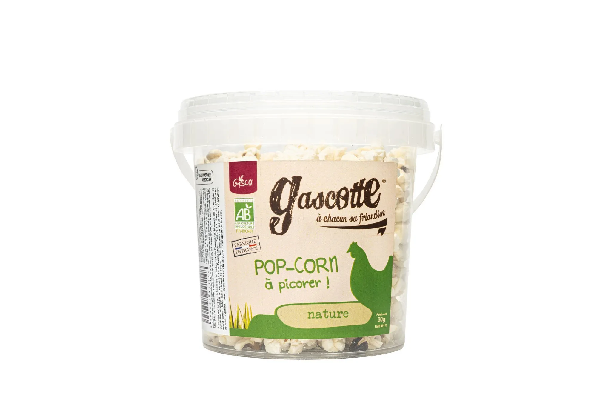 Gasco - Friandises Gascotte Pop-Corn Nature Bio à Picorer pour Basse-cour - 30g