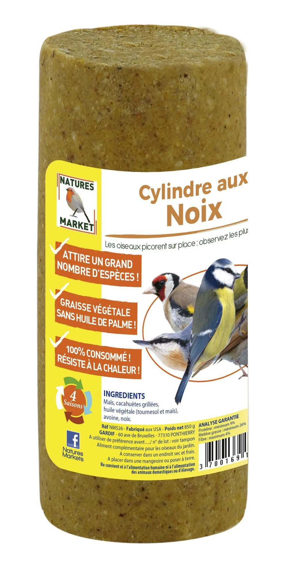 Natures Markets - Cylindre Graisse Végétale aux Noix pour Oiseaux du Ciel - 850g