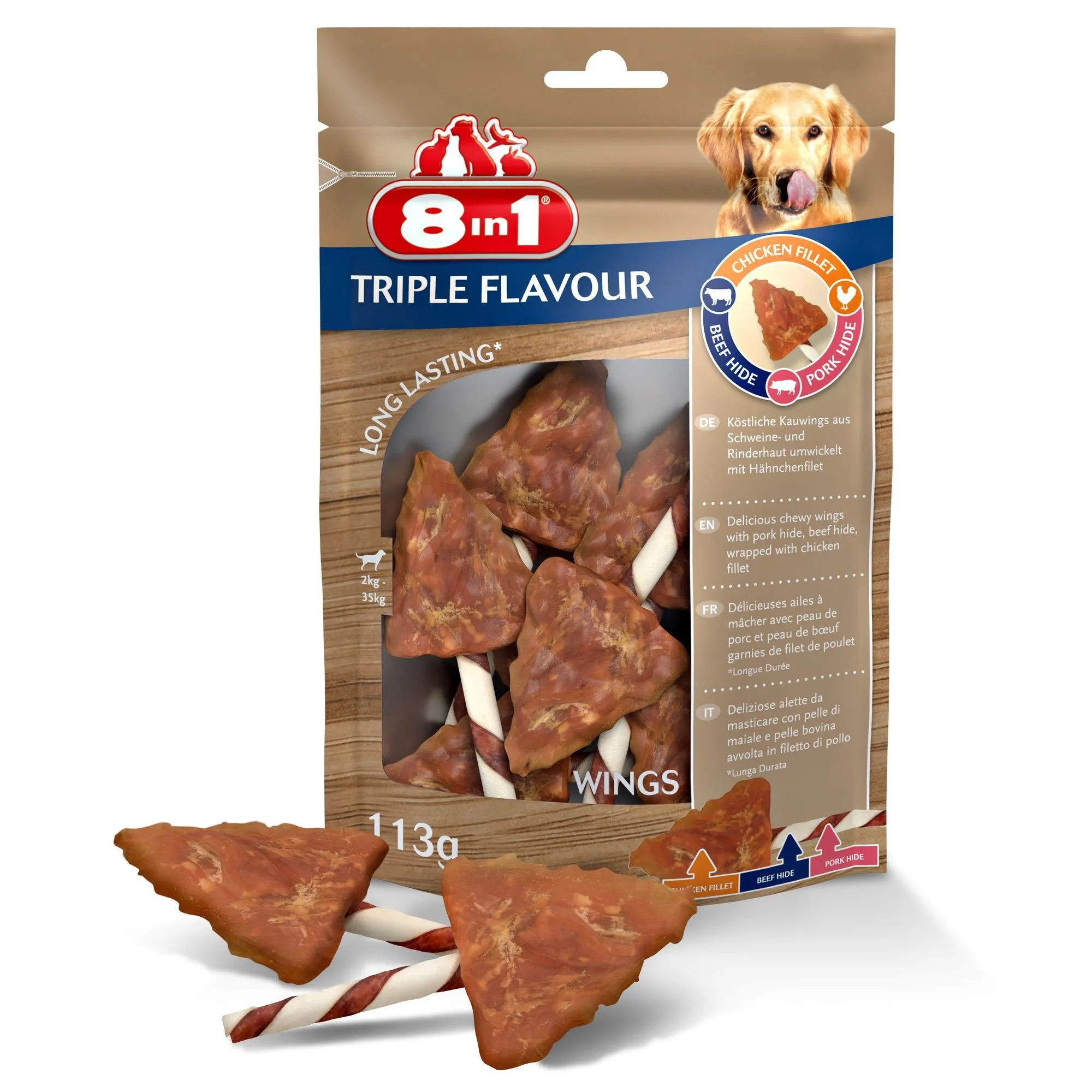8in1 - Friandises Ailes de Poulet à Mâcher Triple Flavour Wings pour Chien - x6