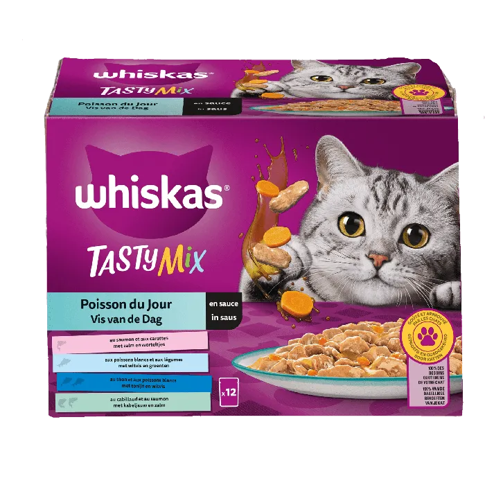 Whiskas Tasty Mix Poisson Du Jour en Sauce Sachets Pour Chat 12x85g