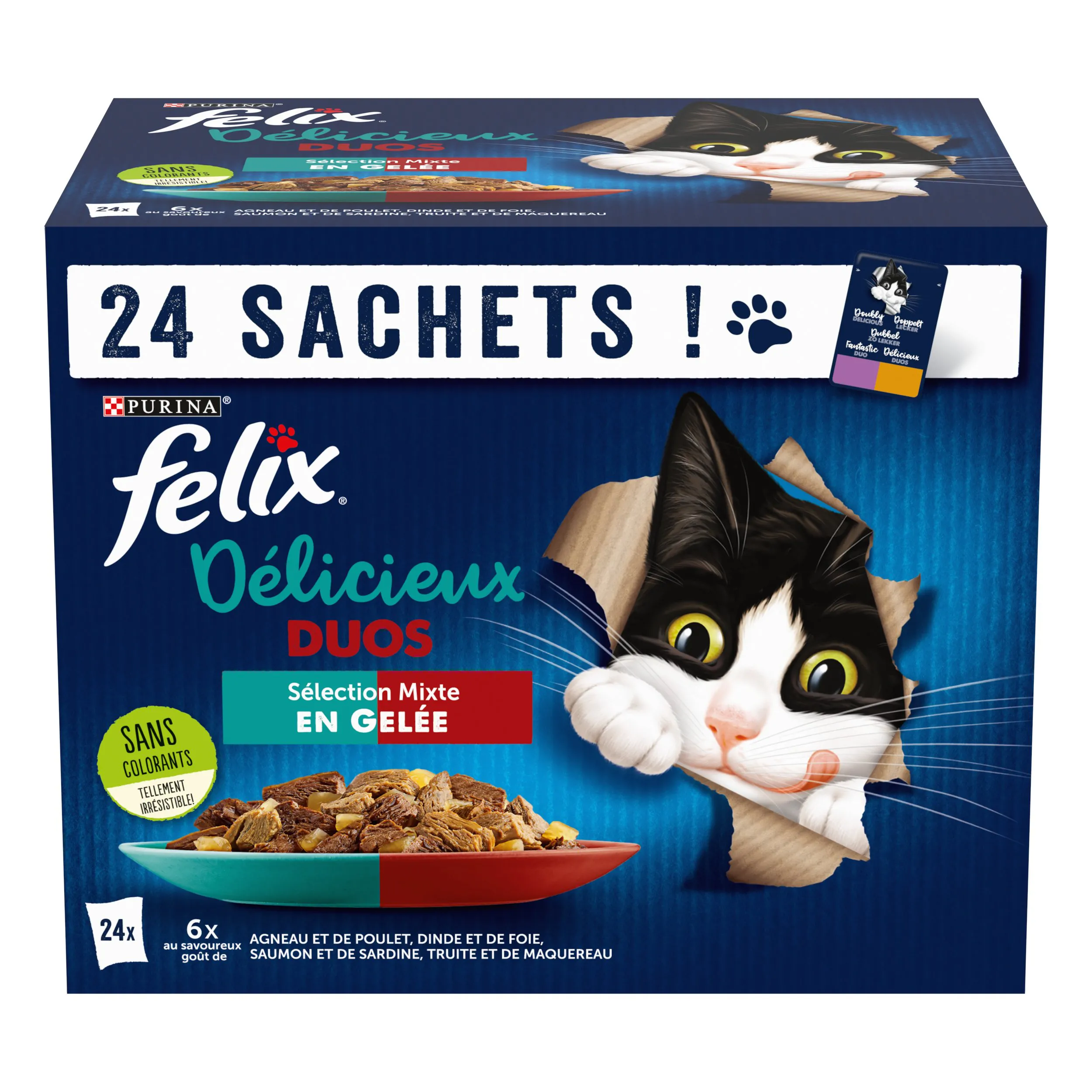 FELIX - Sachets fraîcheurs Délicieux Duos en Gelée Mixte Agneau poulet Poisson pour Chats- 24x85g