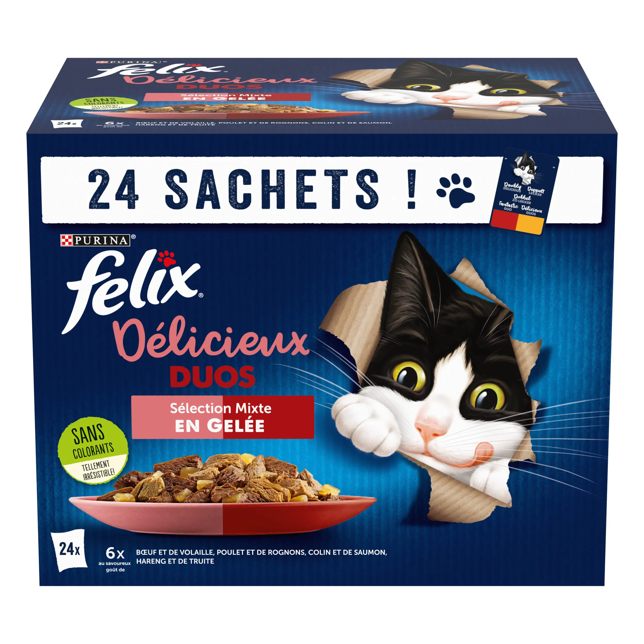 FELIX - Sachets fraîcheurs Délicieux Duos en Gelée Mixte Boeuf poulet Poisson pour Chats- 24x85g
