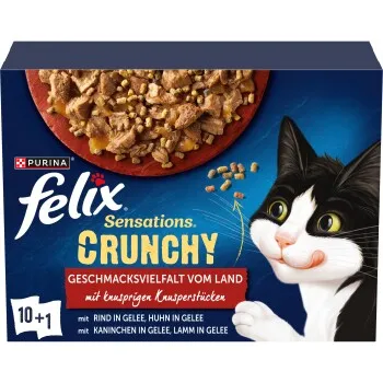 Felix Sensations Crunchy 10 x 85 g + 40 g de bouchées croustillantes Variété de saveurs du pays
