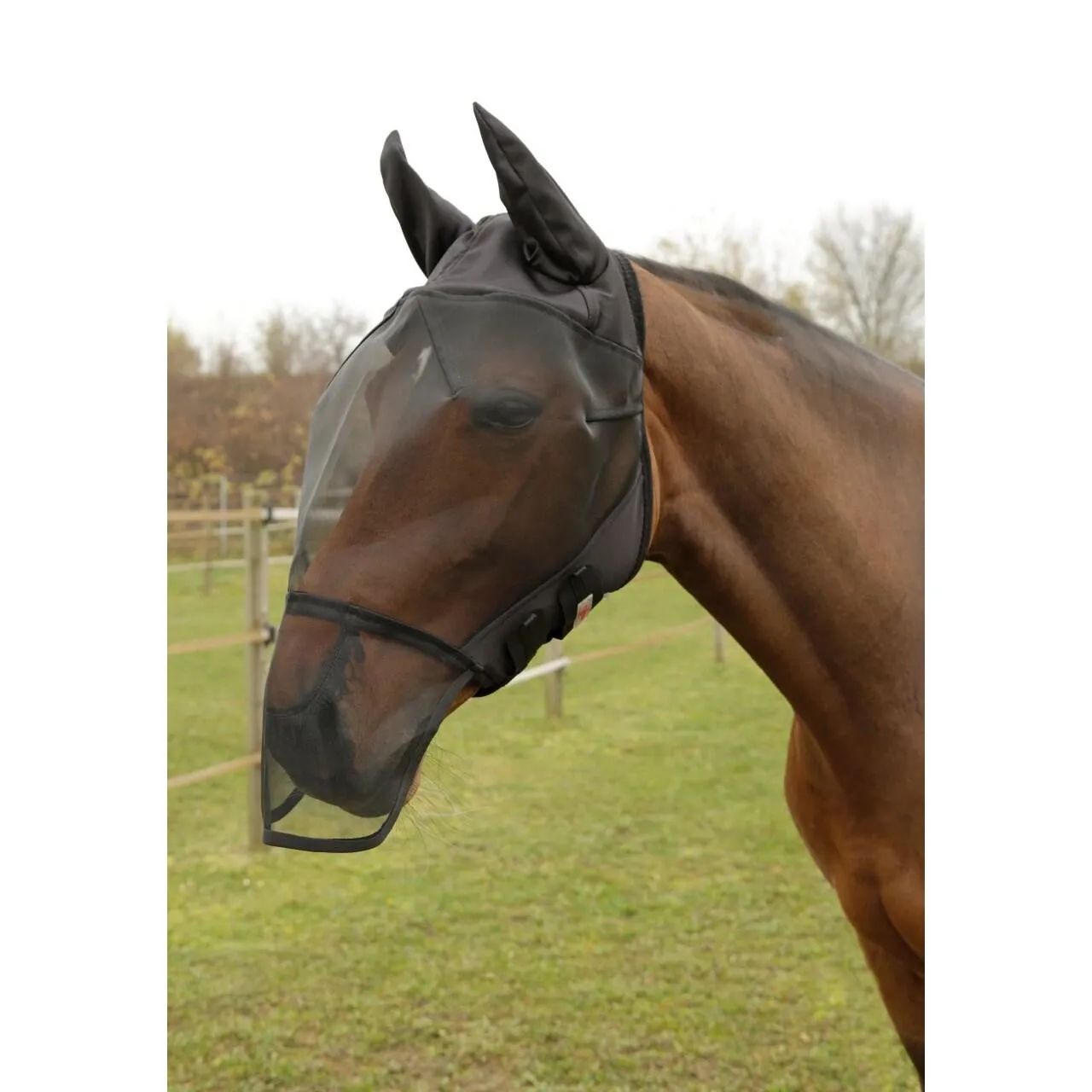 Masque anti-mouches pour cheval avec protection des oreilles et frange pour les naseaux