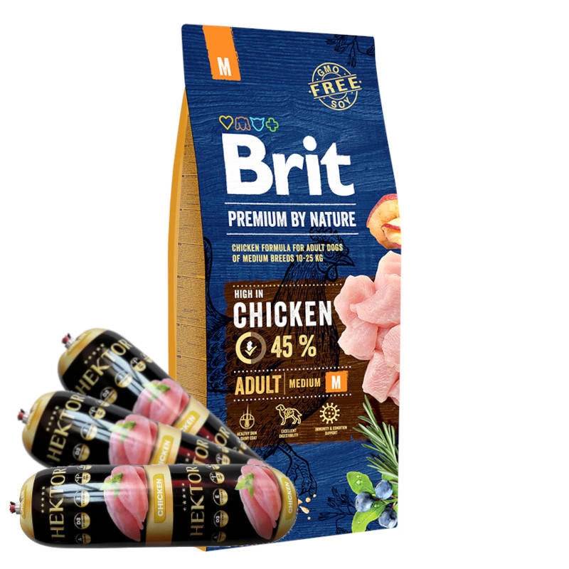 Brit Premium By Nature Adult M avec du poulet 15kg +Barre Hektor à la volaille 3x900g