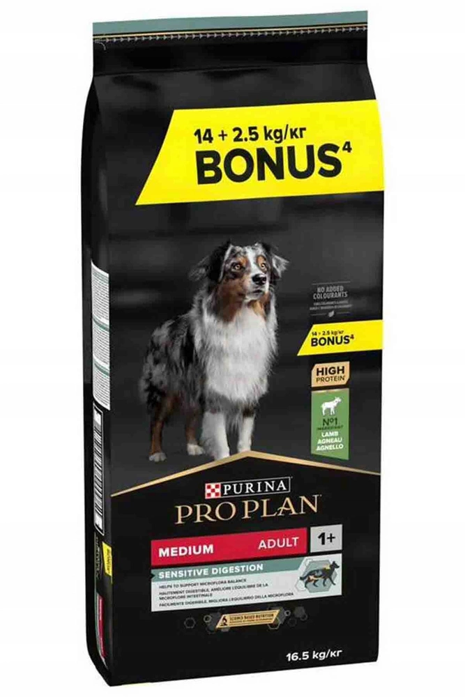 Croquettes pour chiens adultes PRO PLAN Sensitive Digestion Medium, riches en agneau, 14 kg + 2,5 kg