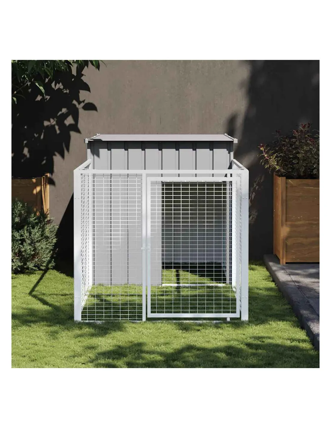 Niche Pour Chien en Métal Avec Enclos Gris Clair 110x201x110 cm