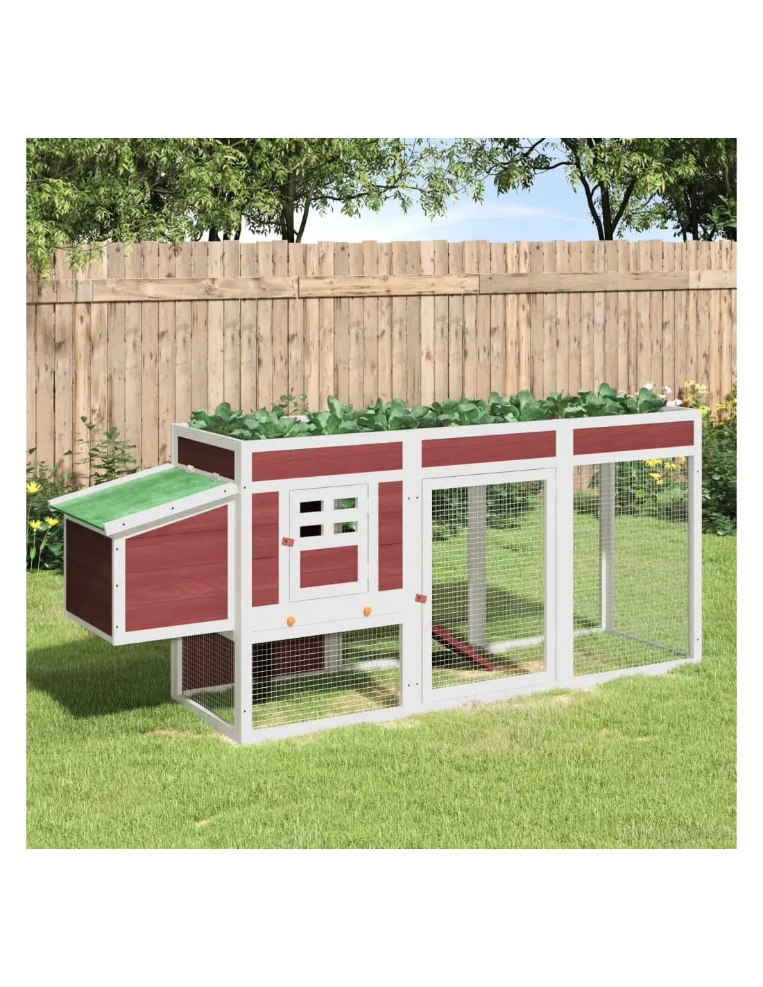 Poulailler avec Enclos Bois Massif Moka et Blanc 204x50x84 cm