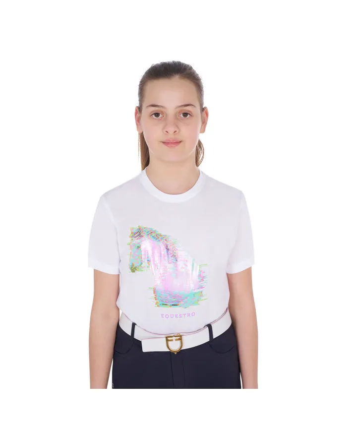 T-shirt bambina slim fit stampa cavallo interferenza
