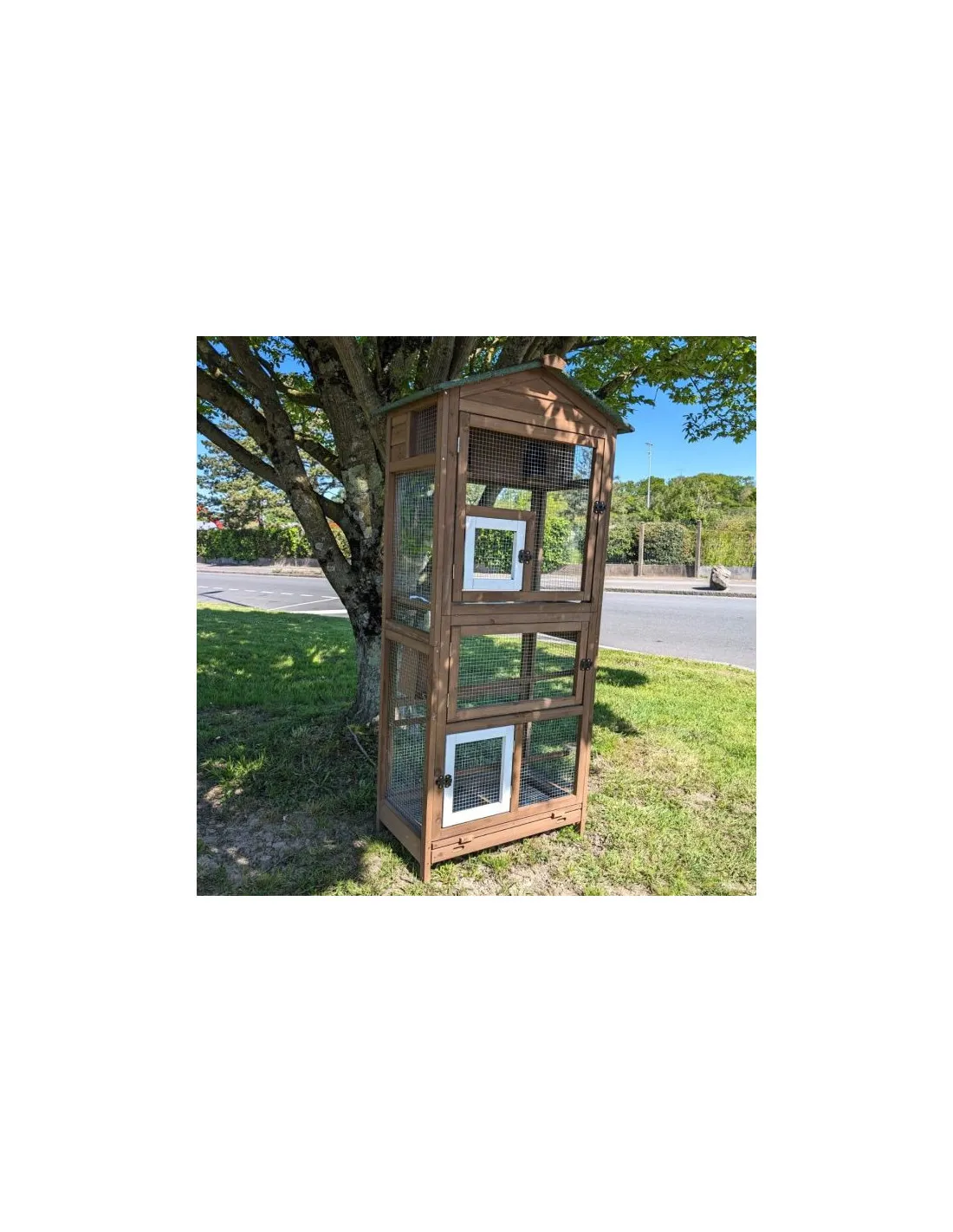 Volière de Jardin en Bois Double 3 Nichoirs 3 Perchoirs Toiture Shingle Verte