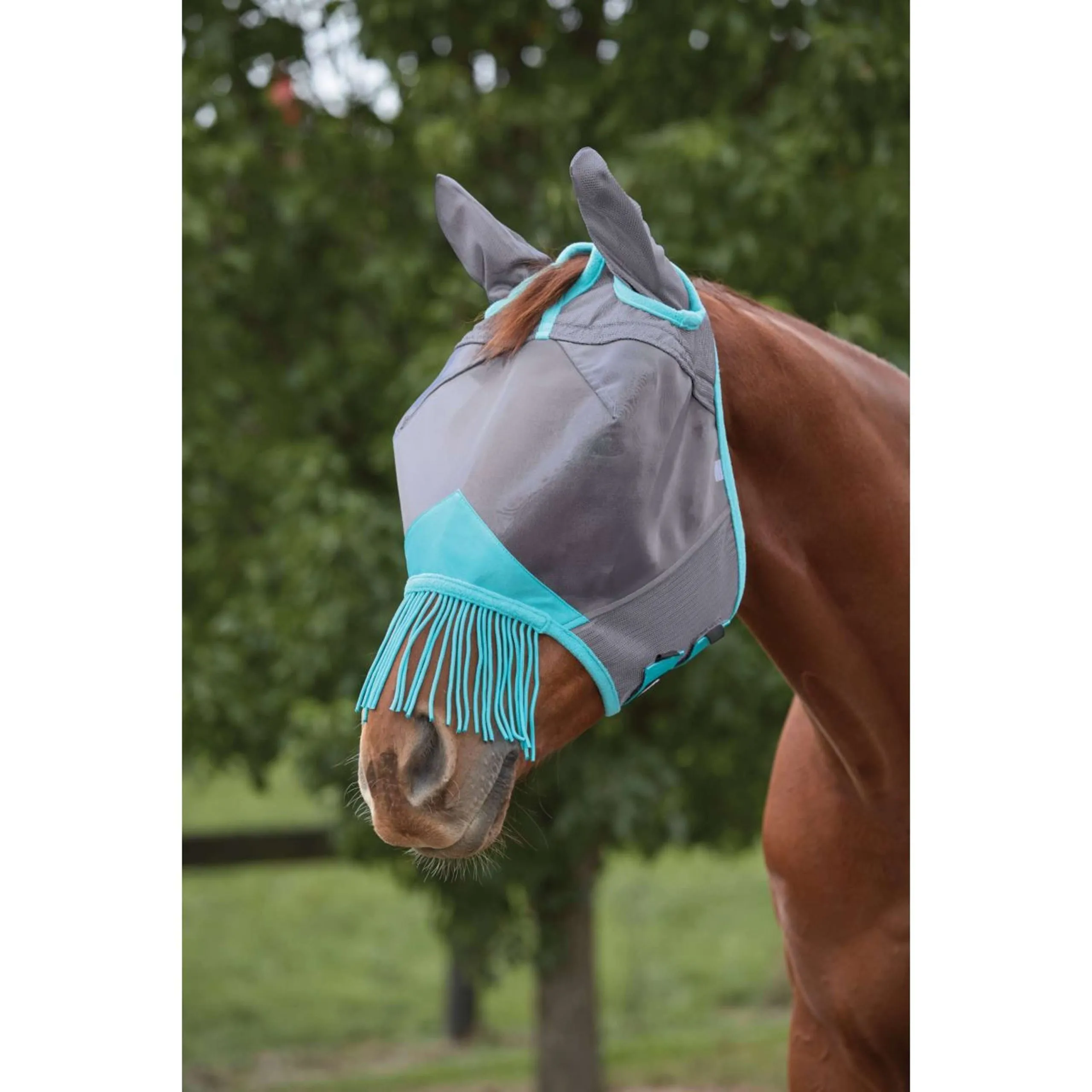 Weatherbeeta Masque Anti-Mouches Comfitec Deluxe Fine Mesh avec Oreilles et Franges Gris/Turquoise